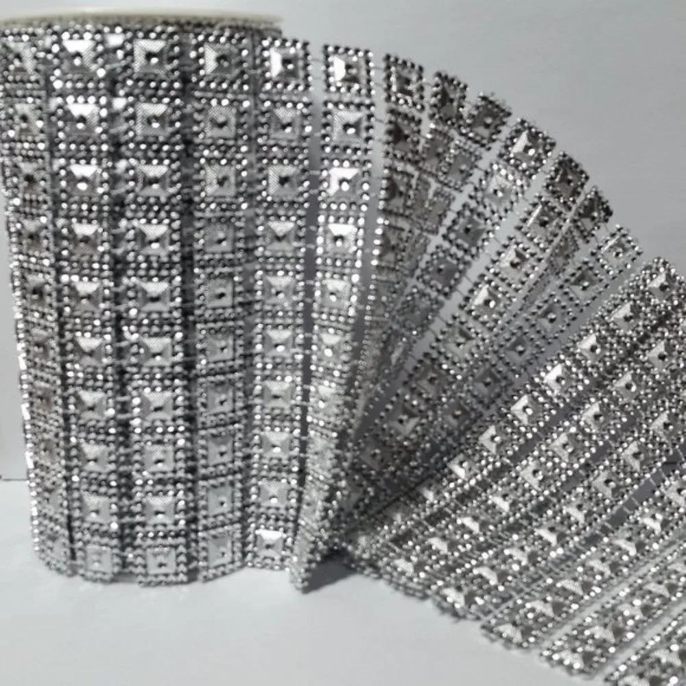 Rhinestone Mesh Ribbon Silver Squares 3 Rolls
